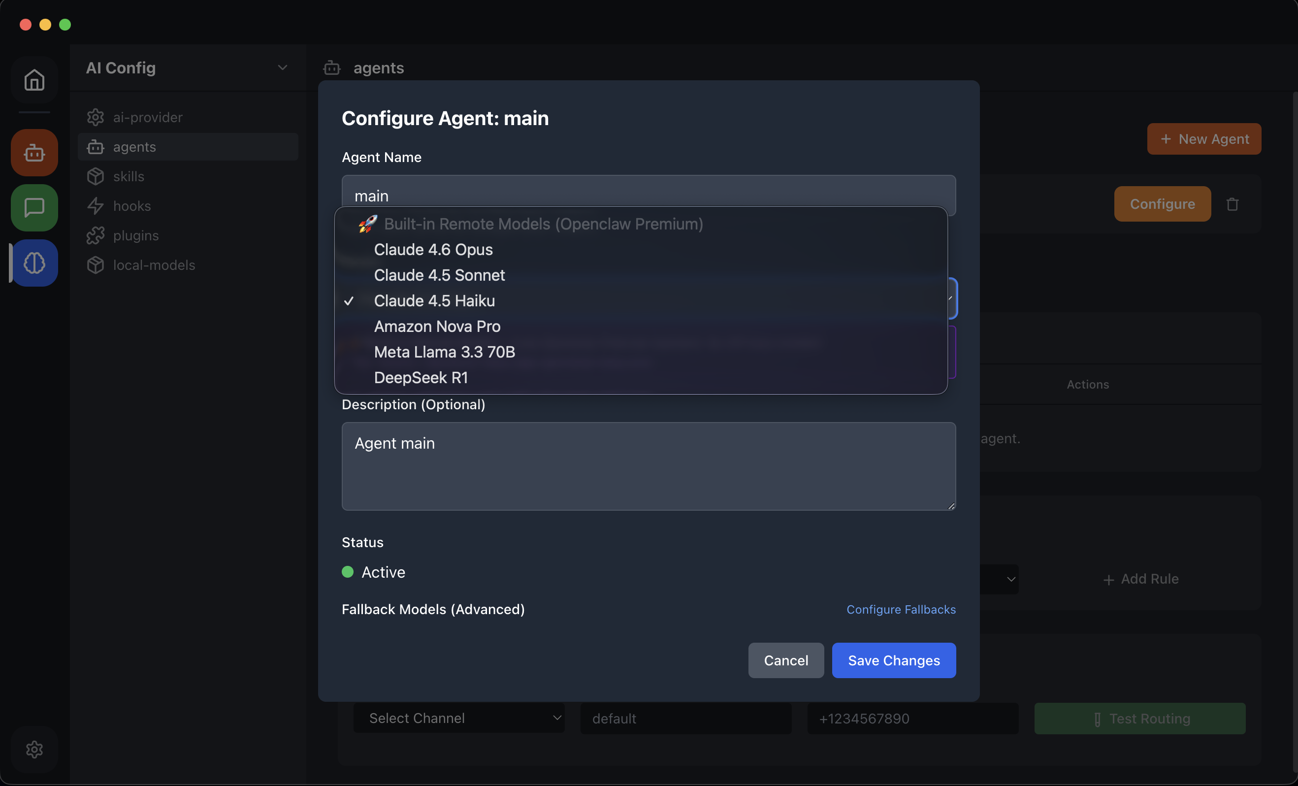 OpenClaw Desktop App agent configuration — choose AI models