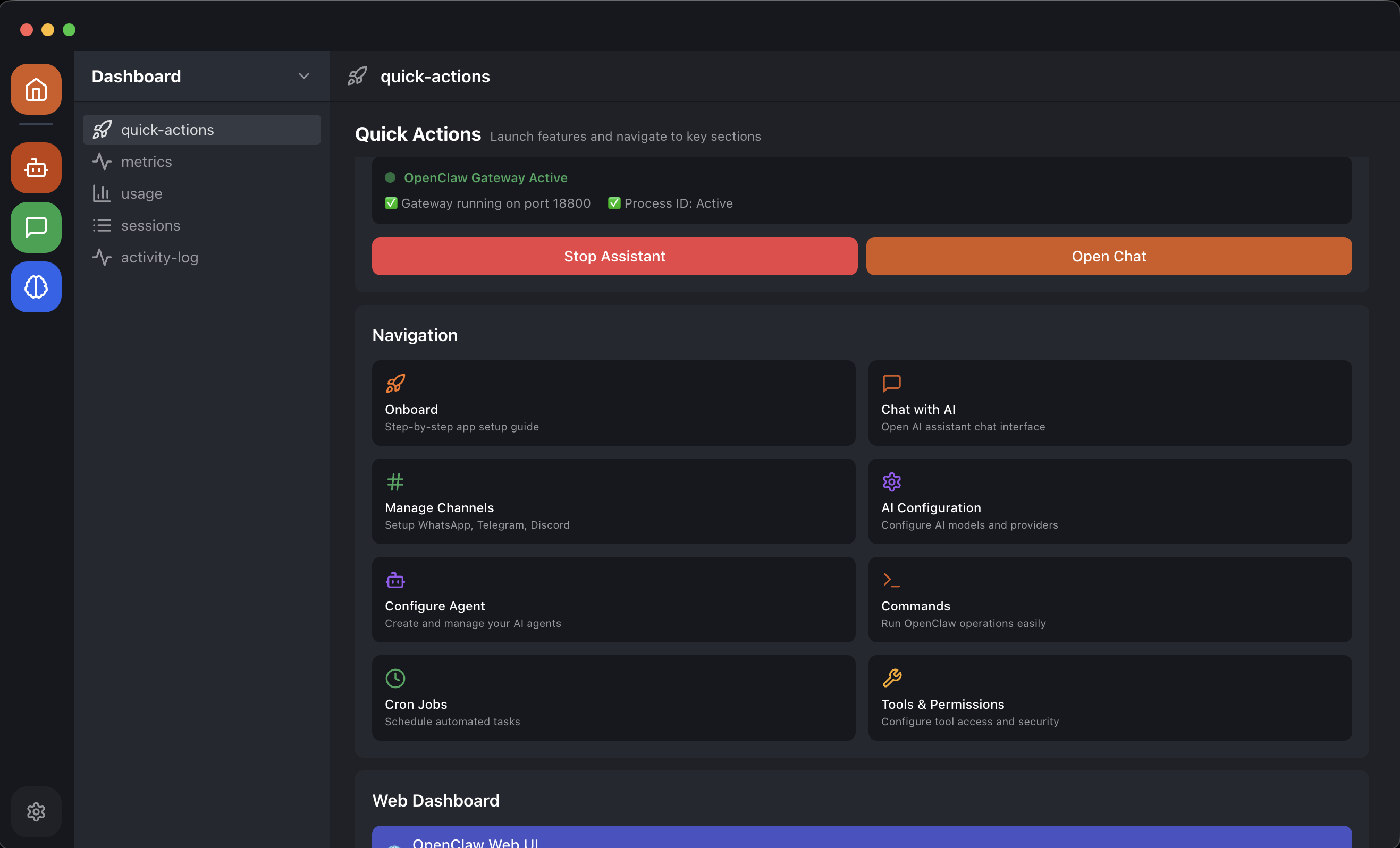 OpenClaw Desktop App dashboard — control center for managing AI assistants and messaging channels