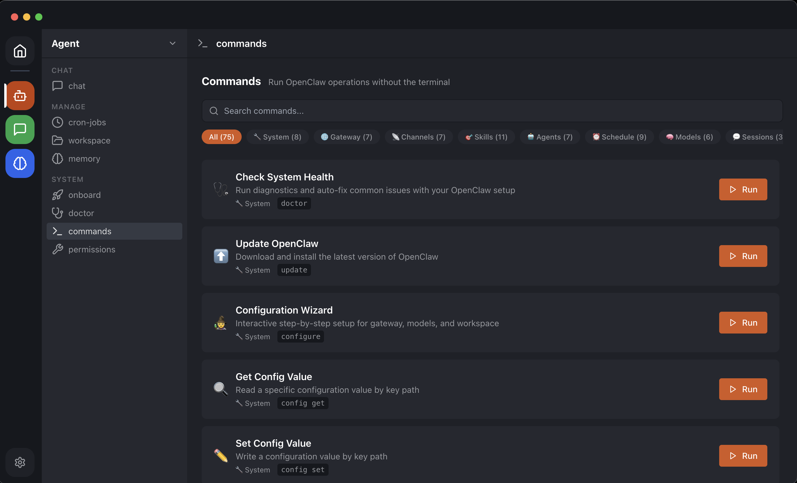 OpenClaw Easy commands panel for managing AI operations